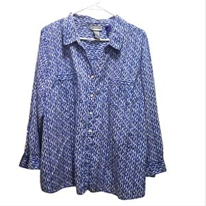 Catherines Blue White Abstract Diamond  Print Cotton Blouse Plus Sz Petite 2XWP